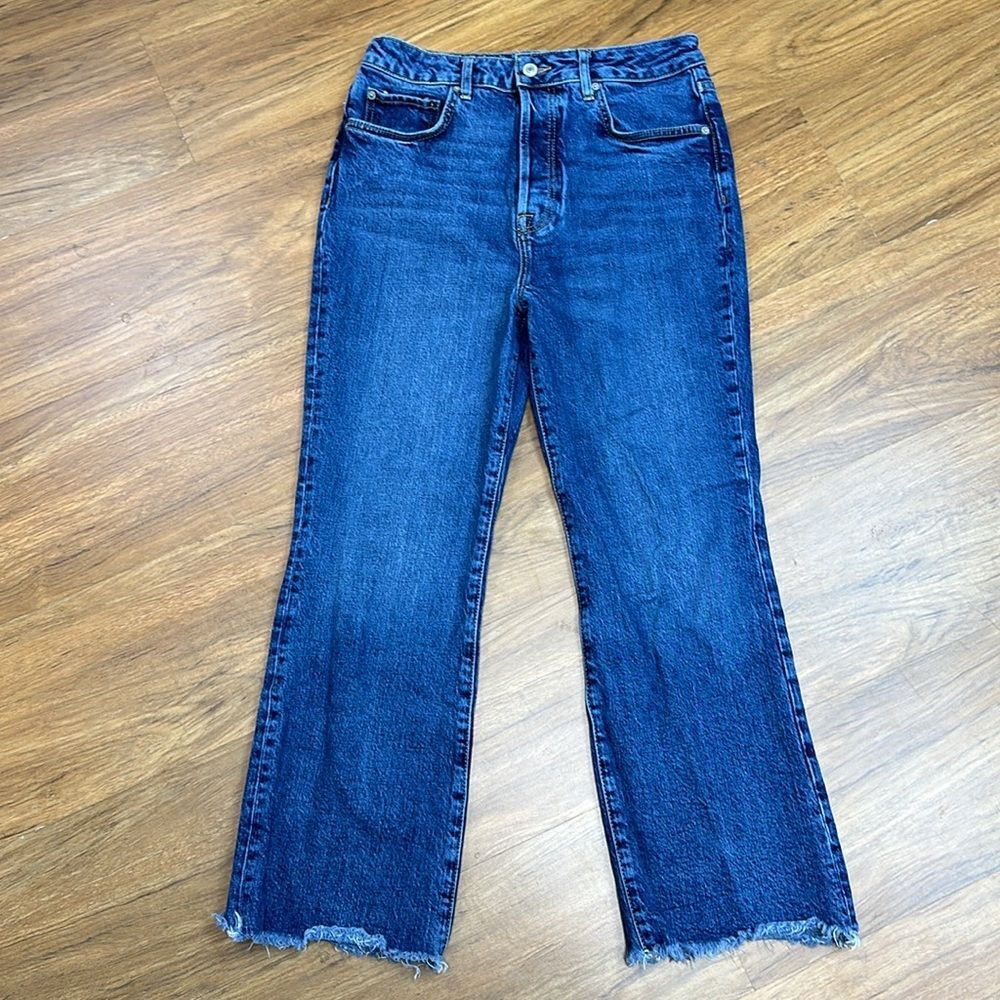 Free People Raw Hem Jeans Blue Denim Mom Straight Leg Hi-Rise Size 28